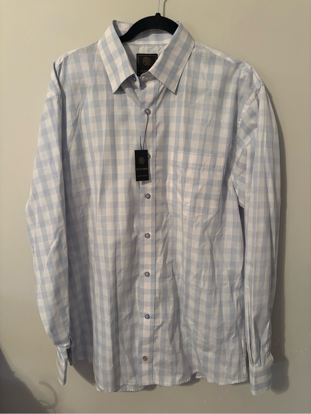 Fx/Fusion Men's Light Blue and White Check Dress Shirt - Classic Spread Collar